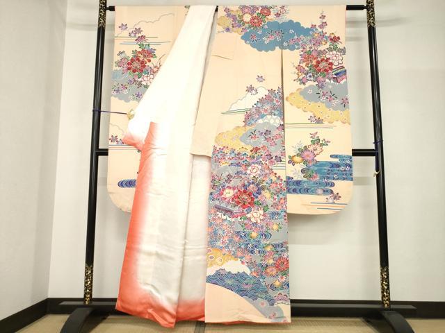 平和屋着物●豪華振袖　型染め　流水風景花文　正絹　逸品　AABH8408ck