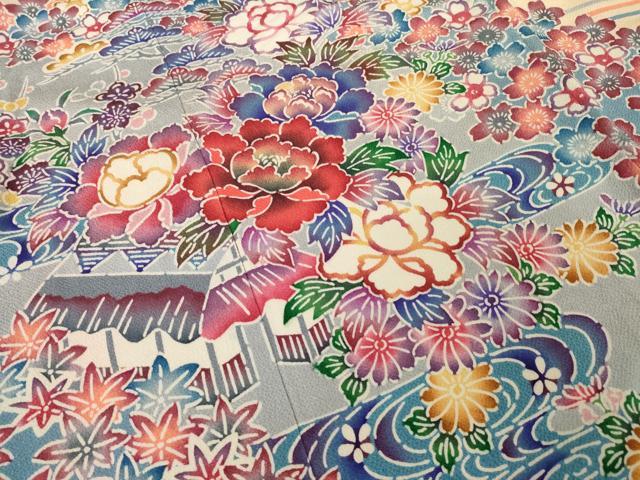 平和屋着物●豪華振袖　型染め　流水風景花文　正絹　逸品　AABH8408ck
