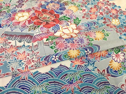 平和屋着物●豪華振袖　型染め　流水風景花文　正絹　逸品　AABH8408ck