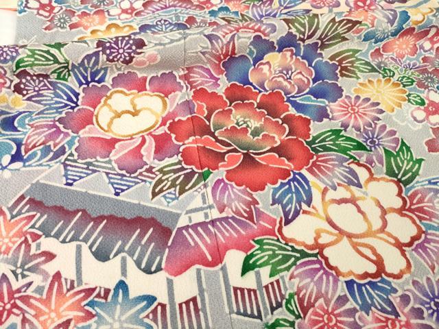 平和屋着物●豪華振袖　型染め　流水風景花文　正絹　逸品　AABH8408ck