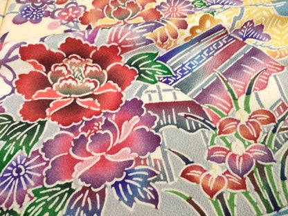 平和屋着物●豪華振袖　型染め　流水風景花文　正絹　逸品　AABH8408ck