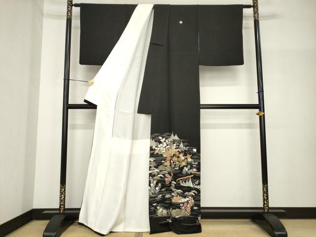 平和屋着物●豪華黒留袖　友禅　駒刺繍　風景花文　正絹　逸品　AABH8412ck 平和屋着物○豪華黒留袖 友禅 駒刺繍 風景花文 正絹 逸品 AABH8412ck