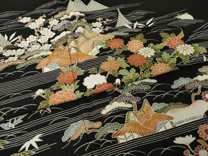 平和屋着物●豪華黒留袖　友禅　駒刺繍　風景花文　正絹　逸品　AABH8412ck