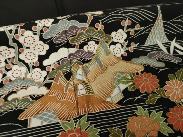 平和屋着物●豪華黒留袖　友禅　駒刺繍　風景花文　正絹　逸品　AABH8412ck 平和屋着物○豪華黒留袖 友禅 駒刺繍 風景花文 正絹 逸品 AABH8412ck