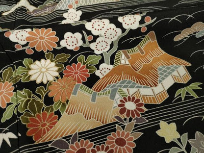 平和屋着物●豪華黒留袖　友禅　駒刺繍　風景花文　正絹　逸品　AABH8412ck