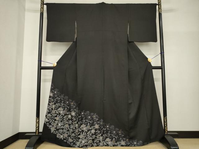 平和屋着物●創業460年・千總　訪問着　椿　黒地　金彩　正絹　逸品　AABH8414ck
