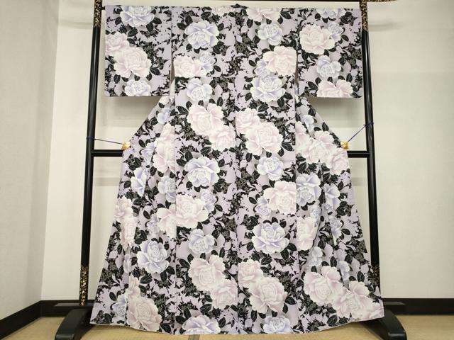 平和屋着物●小紋　薔薇　バラ　黒地　洗える着物　AABH8422ck