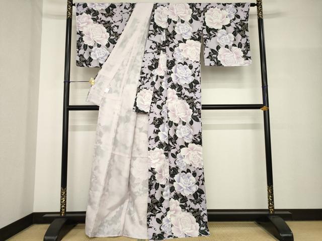 平和屋着物●小紋　薔薇　バラ　黒地　洗える着物　AABH8422ck
