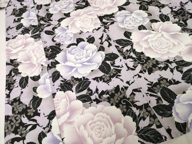 平和屋着物●小紋　薔薇　バラ　黒地　洗える着物　AABH8422ck