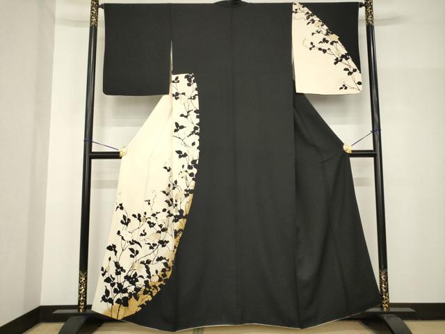 平和屋着物●訪問着　花蔦草文　黒地　金彩　正絹　逸品　AABH8430ck
