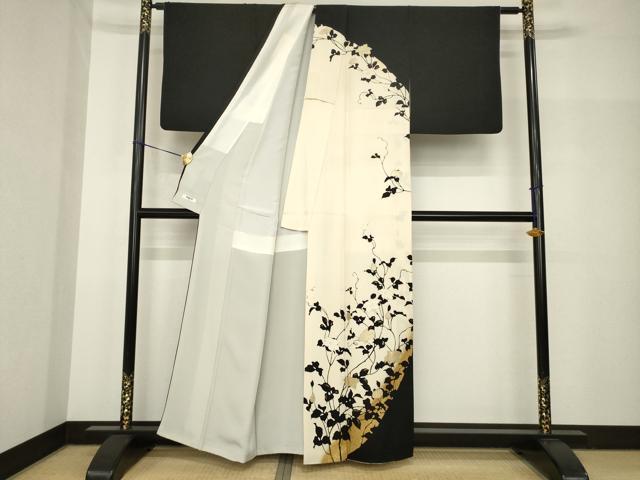 平和屋着物●訪問着　花蔦草文　黒地　金彩　正絹　逸品　AABH8430ck