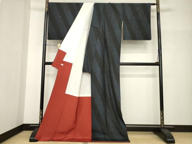 平和屋着物●結城紬　100亀甲　斜縞吉祥文　ロング丈　正絹　逸品　未使用　AABH8432ck