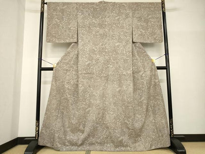 平和屋着物●上質な小紋　紬地　型染め　草花文　正絹　逸品　AABH8448ck