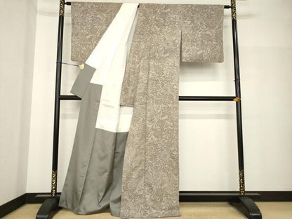 平和屋着物●上質な小紋　紬地　型染め　草花文　正絹　逸品　AABH8448ck