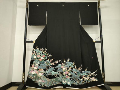 平和屋着物●豪華黒留袖　友禅　作家物　花鳥文　正絹　逸品　AABH8449ck