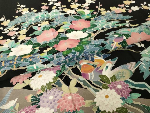 平和屋着物●豪華黒留袖　友禅　作家物　花鳥文　正絹　逸品　AABH8449ck 平和屋着物○豪華黒留袖 友禅 作家物 花鳥文 正絹 逸品 AABH8449ck