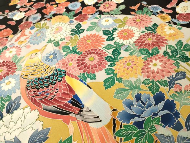 平和屋着物●本加賀友禅作家　押田正義　黒留袖　花鳥文　正絹　逸品　AABH8451ck 平和屋着物○本加賀友禅作家 押田正義 黒留袖 花鳥文 正絹 逸品