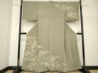 平和屋着物●訪問着　友禅　風景花文　鬼しぼ縮緬　正絹　逸品　AABH8453ck