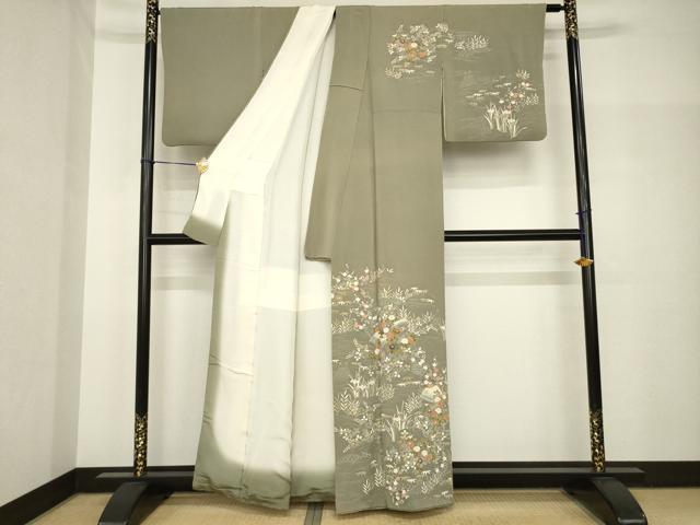 平和屋着物●訪問着　友禅　風景花文　鬼しぼ縮緬　正絹　逸品　AABH8453ck