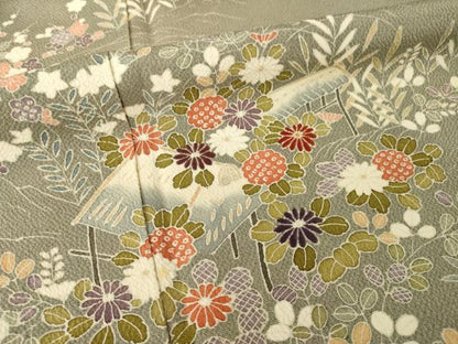 平和屋着物●訪問着　友禅　風景花文　鬼しぼ縮緬　正絹　逸品　AABH8453ck