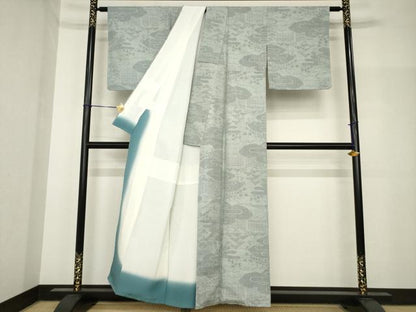平和屋着物●本場結城紬　重要無形文化財　100亀甲　エ霞風景文　正絹　逸品　AABH8459ck