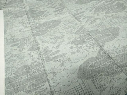 平和屋着物●本場結城紬　重要無形文化財　100亀甲　エ霞風景文　正絹　逸品　AABH8459ck
