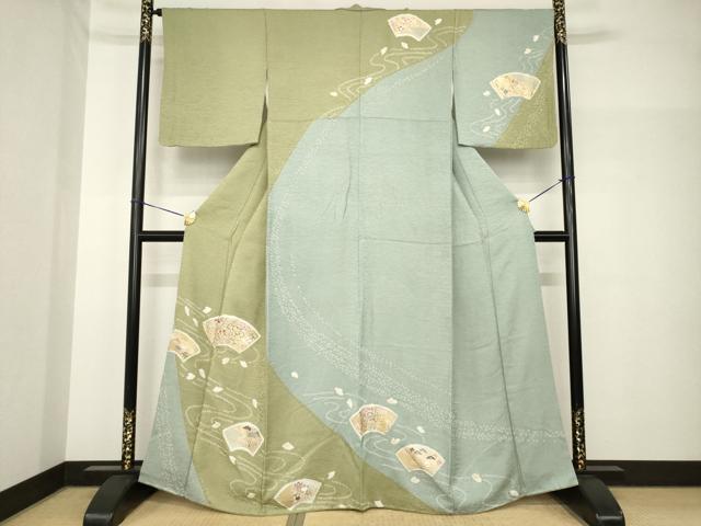 平和屋着物●訪問着　駒刺繍　絞り　流水地紙花文　金彩　正絹　逸品　AABH8461ck