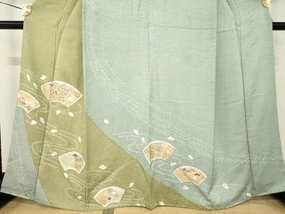 平和屋着物●訪問着　駒刺繍　絞り　流水地紙花文　金彩　正絹　逸品　AABH8461ck