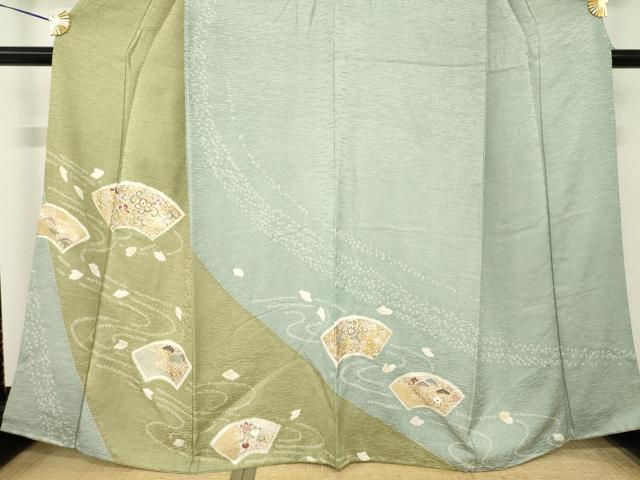 平和屋着物●訪問着　駒刺繍　絞り　流水地紙花文　金彩　正絹　逸品　AABH8461ck