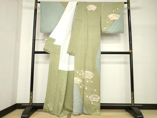 平和屋着物●訪問着　駒刺繍　絞り　流水地紙花文　金彩　正絹　逸品　AABH8461ck