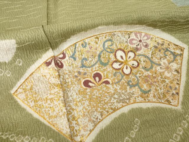 平和屋着物●訪問着　駒刺繍　絞り　流水地紙花文　金彩　正絹　逸品　AABH8461ck