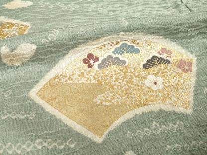 平和屋着物●訪問着　駒刺繍　絞り　流水地紙花文　金彩　正絹　逸品　AABH8461ck