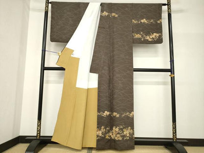 平和屋着物●訪問着　紬地　芝花文　金彩　正絹　逸品　AABH8464ck