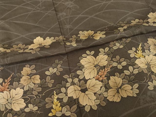 平和屋着物●訪問着　紬地　芝花文　金彩　正絹　逸品　AABH8464ck