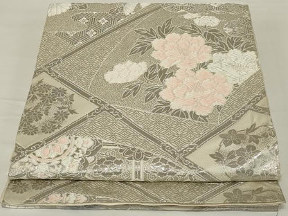 平和屋着物◎六通柄　本袋帯　唐織　地紙花文　銀糸　正絹　逸品　AABH8484ou