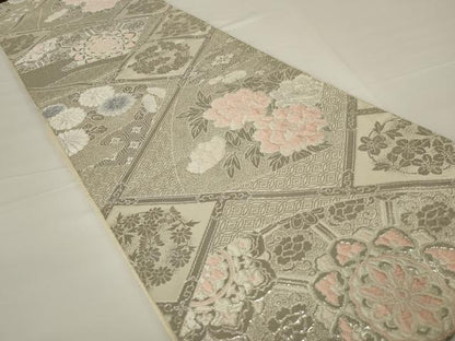 平和屋着物◎六通柄　本袋帯　唐織　地紙花文　銀糸　正絹　逸品　AABH8484ou