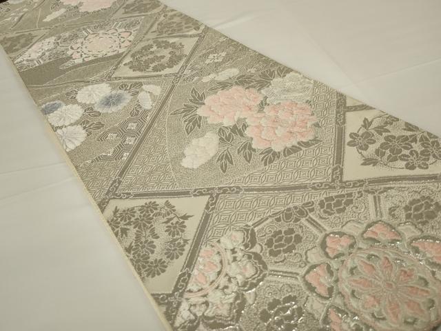 平和屋着物◎六通柄　本袋帯　唐織　地紙花文　銀糸　正絹　逸品　AABH8484ou