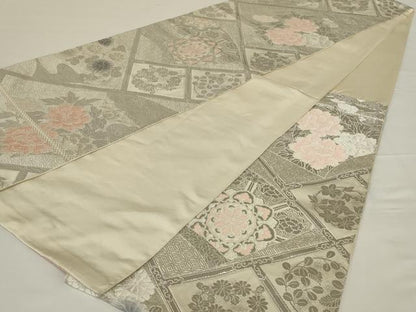 平和屋着物◎六通柄　本袋帯　唐織　地紙花文　銀糸　正絹　逸品　AABH8484ou