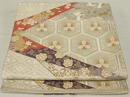 平和屋着物◎六通柄袋帯 唐織 亀甲花鳥文 金銀糸 正絹 逸品 AABH8486ou