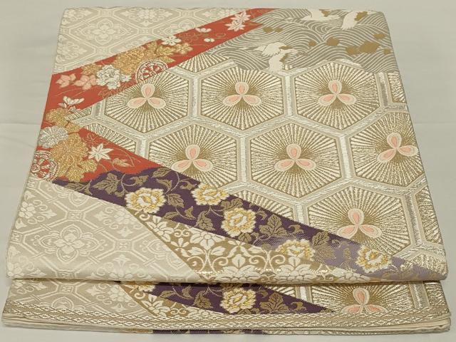 平和屋着物◎六通柄袋帯 唐織 亀甲花鳥文 金銀糸 正絹 逸品 AABH8486ou