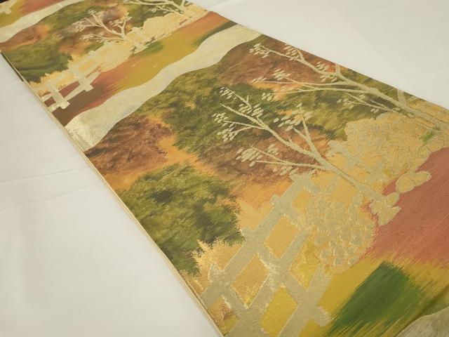 平和屋着物◎六通柄袋帯 風景文 金糸 正絹 逸品 AABH8489ou