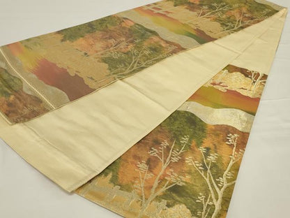 平和屋着物◎六通柄袋帯 風景文 金糸 正絹 逸品 AABH8489ou