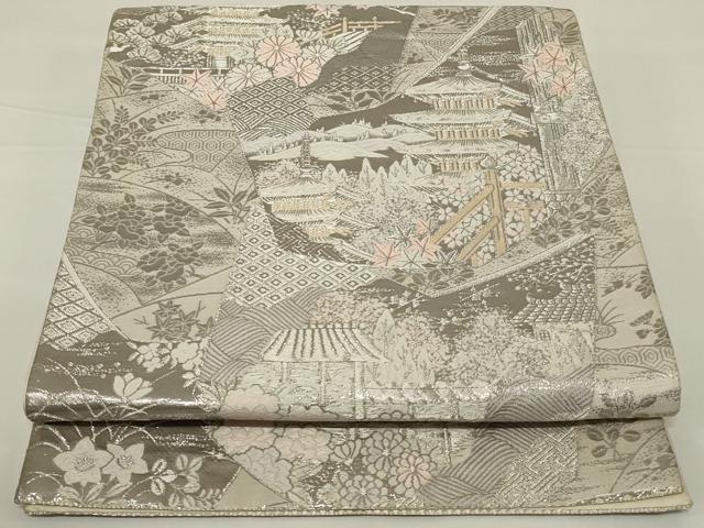 平和屋着物◎六通柄袋帯　唐織　風景花文　銀糸　正絹　逸品　AABH8493ou