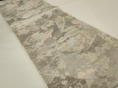 平和屋着物◎六通柄袋帯　唐織　風景花文　銀糸　正絹　逸品　AABH8493ou