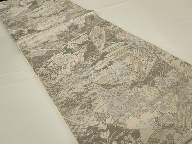 平和屋着物◎六通柄袋帯　唐織　風景花文　銀糸　正絹　逸品　AABH8493ou