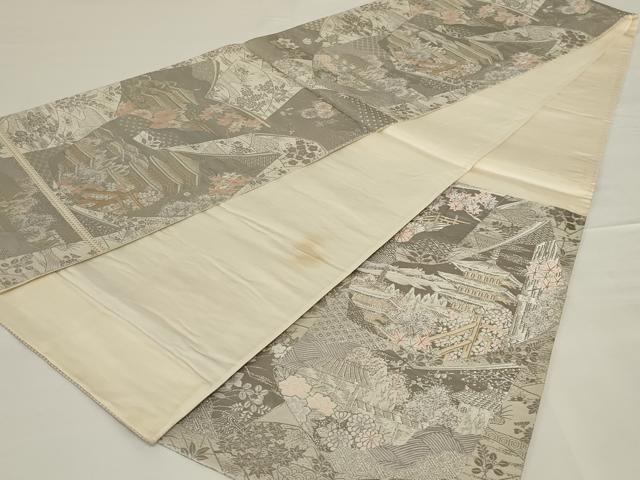 平和屋着物◎六通柄袋帯　唐織　風景花文　銀糸　正絹　逸品　AABH8493ou
