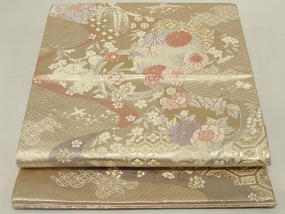 平和屋着物◎六通柄袋帯　唐織　流水花丸文　金糸　正絹　逸品　未使用　AABH8497ou