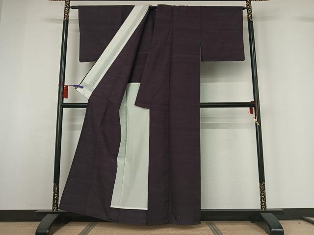 平和屋着物▽上質な紬　単衣　深紫色　正絹　逸品　AABH8521jh