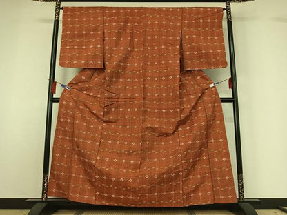 平和屋着物▽上質な紬　単衣　格子　正絹　逸品　AABH8523jh