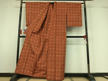 平和屋着物▽上質な紬　単衣　格子　正絹　逸品　AABH8523jh